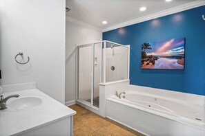 Shower, jetted tub, hair dryer, towels