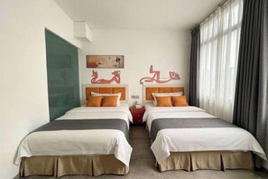 A hotel room with two beds, a nightstand, and a window with curtains. - Fenglin Art Hotel (Pingle)