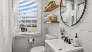 Hair dryer, towels, soap, shampoo