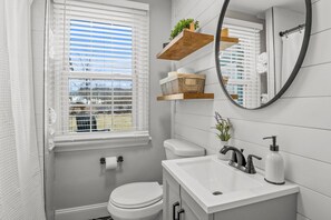 Hair dryer, towels, soap, shampoo