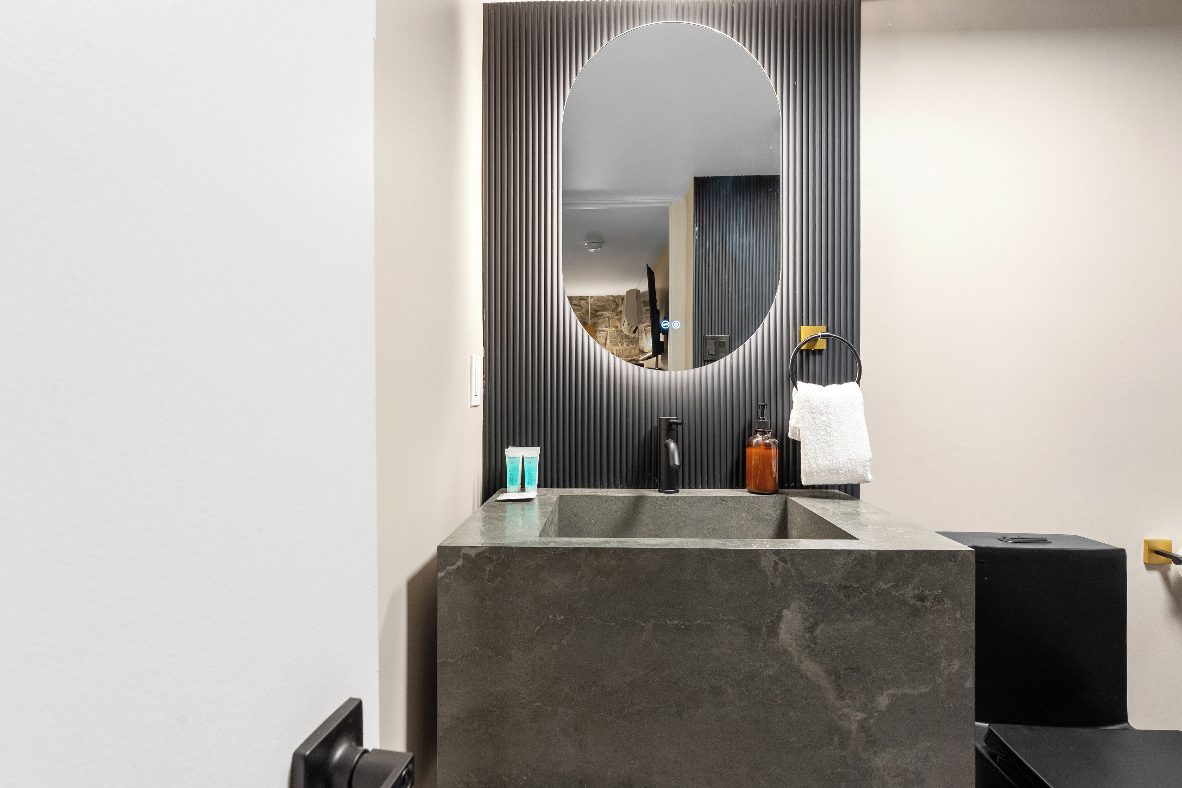 A bathroom with a large mirror, a sink, a towel rack, and a soap dispenser.
