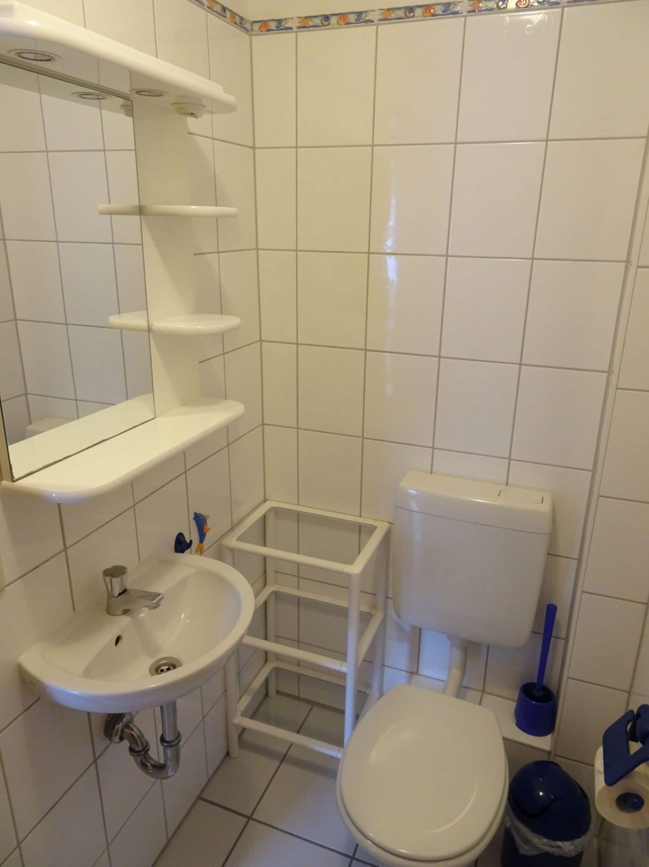 A small bathroom with a white sink, a mirror, a toilet, and a blue trash bin.