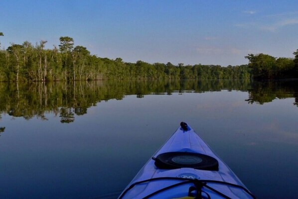 Un kayak sobre aguas tranquilas, con una orilla boscosa al fondo.