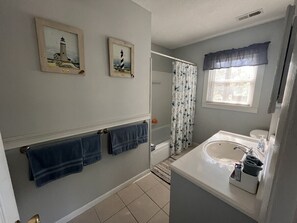 Un baño con dos cuadros enmarcados, un lavamanos con espejo y una zona de ducha.