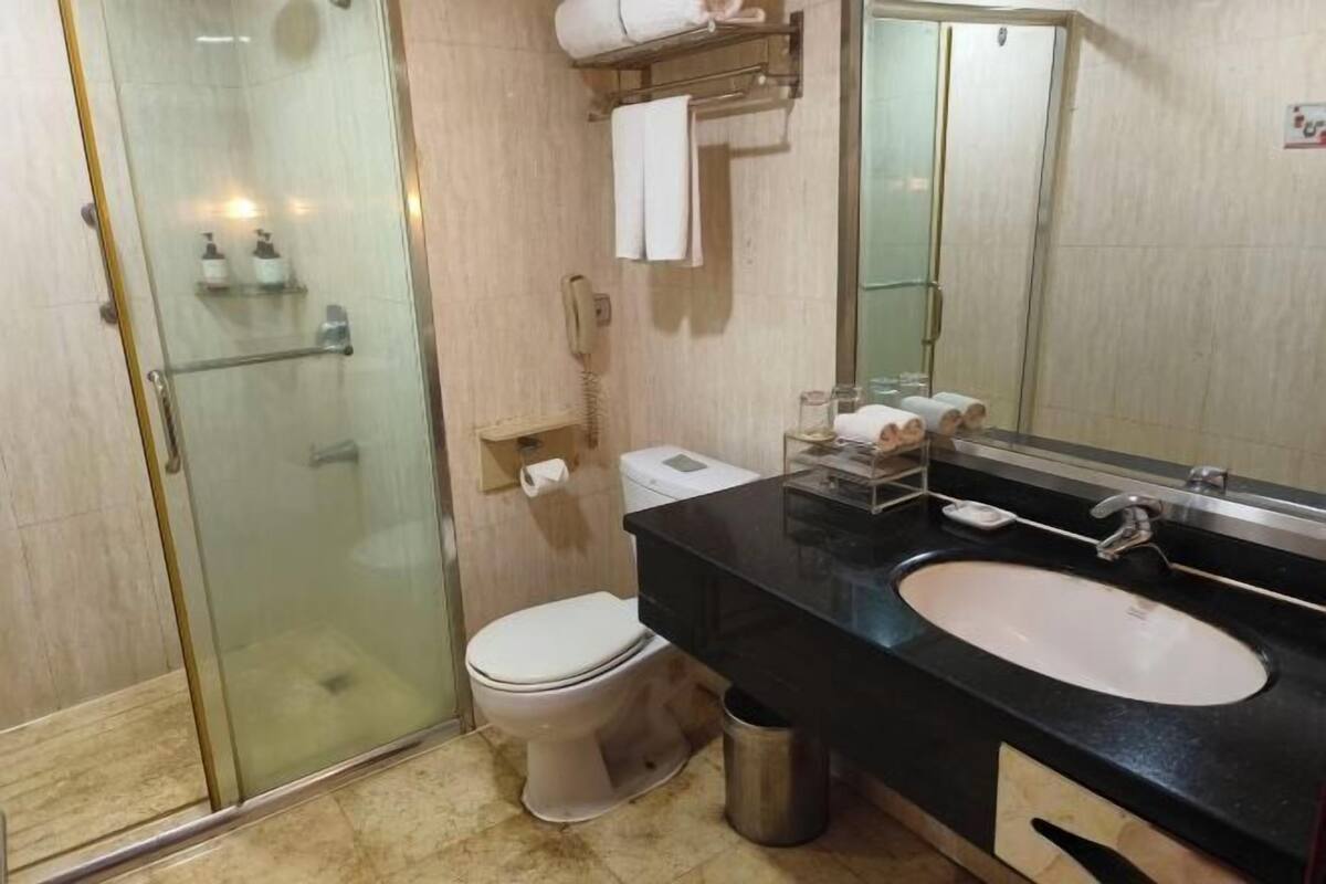 Une salle de bain avec une douche à parois de verre, des toilettes, un lavabo avec un miroir et un porte-serviettes.