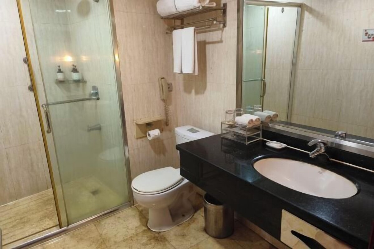 Une salle de bain avec une douche à parois de verre, des toilettes, un lavabo avec un miroir et un porte-serviettes.