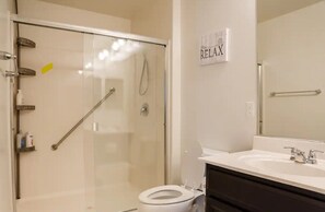 Hair dryer, towels, soap, shampoo