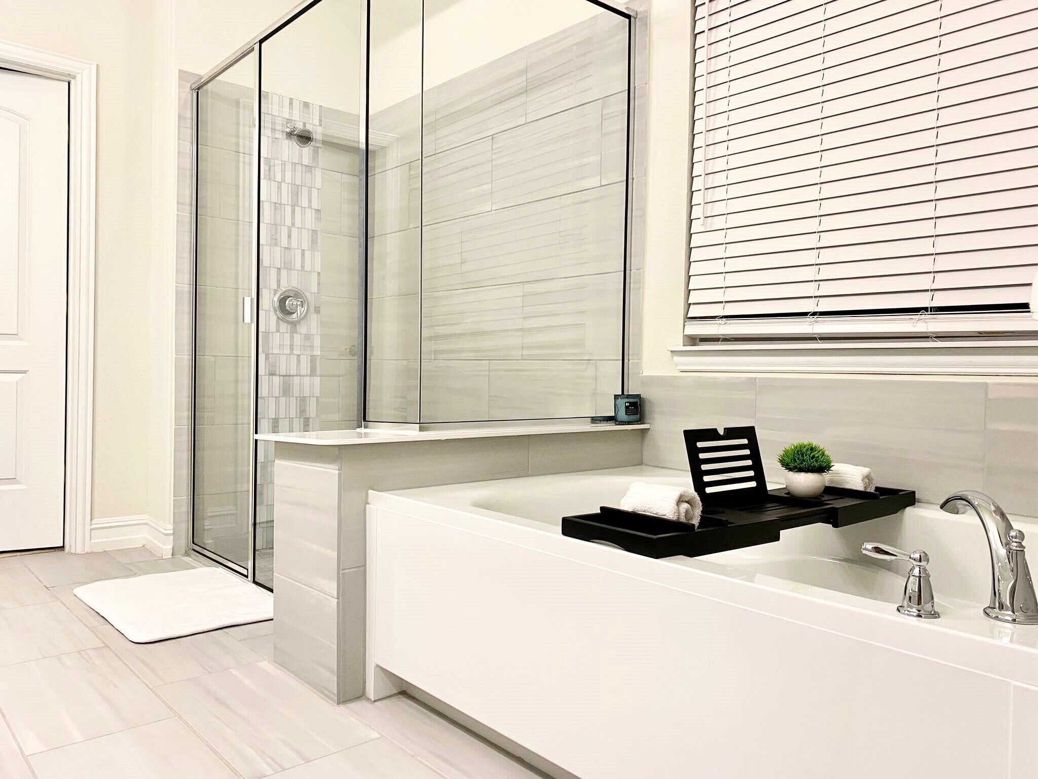 Hair dryer, towels, soap, shampoo
