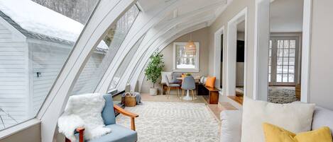 Smart TV, fireplace, Hulu, books