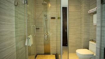 A modern bathroom with a glass-enclosed shower, a toilet, and a vanity.