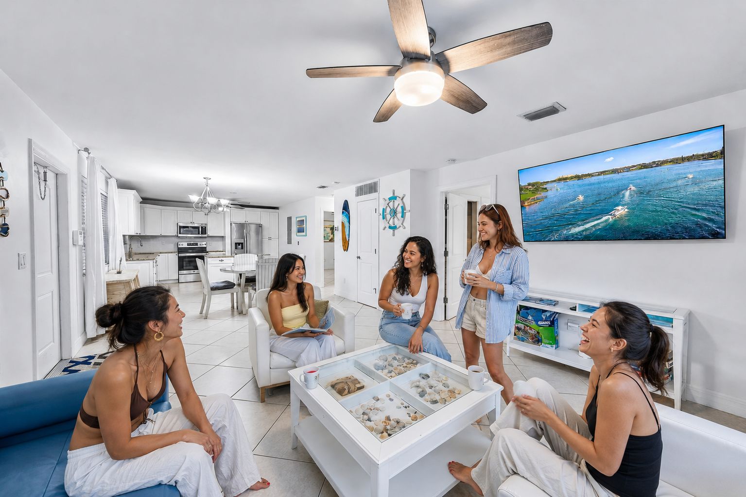 A modern living room with a ceiling fan, a large flat-screen TV, and a coffee table with decorative items.