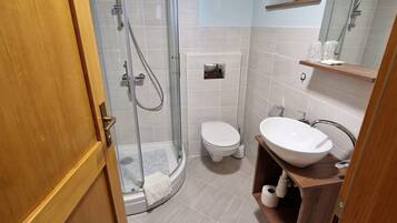 A bathroom with a glass-enclosed shower, a toilet, and a sink with a wooden cabinet.