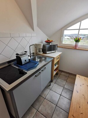 Kühlschrank, Mikrowelle, Herdplatte, Wasserkocher mit Kaffee-/Teezubehör