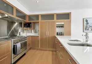 Deluxe Apartment | Private kitchen | Full-size fridge, microwave, oven, stovetop