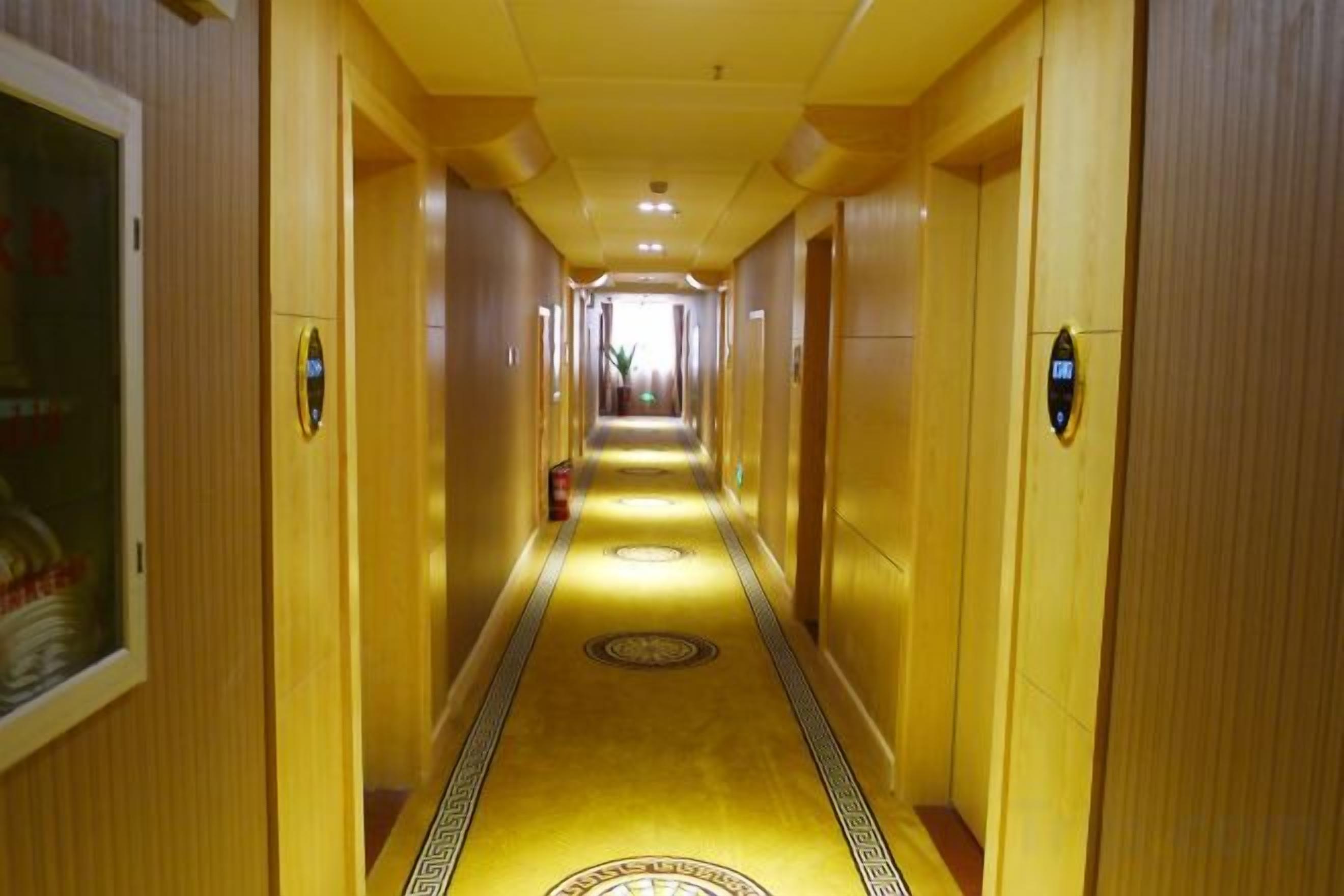 A hotel corridor with a carpeted floor, doors on both sides, and a light fixture on the ceiling.