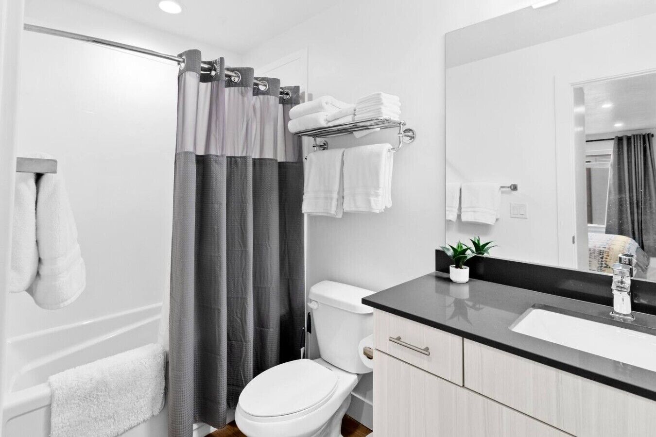 Hair dryer, towels, soap, shampoo