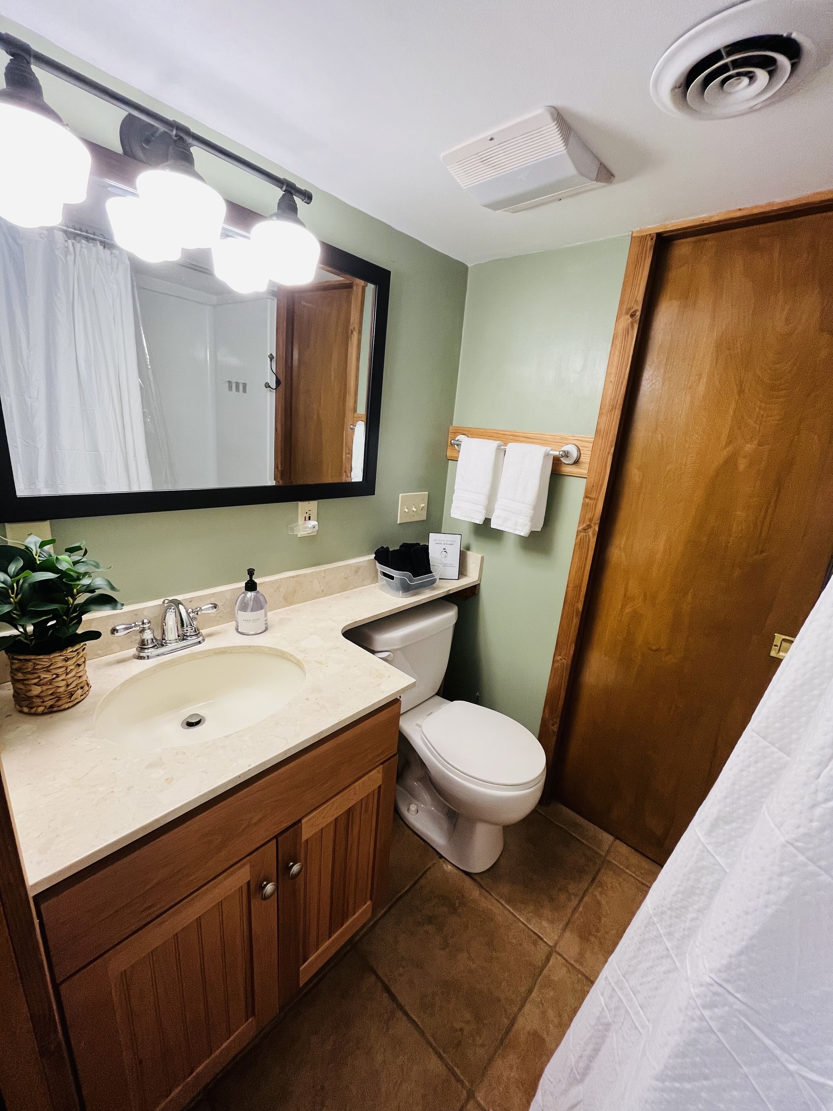 Une salle de bain équipée d’un lavabo, d’un miroir, de toilettes et d’un rideau de douche.