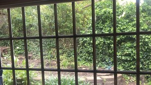 Ein Fenster mit Blick auf einen Garten, eine Bank mit Kissen und eine Holzbalkendecke.
