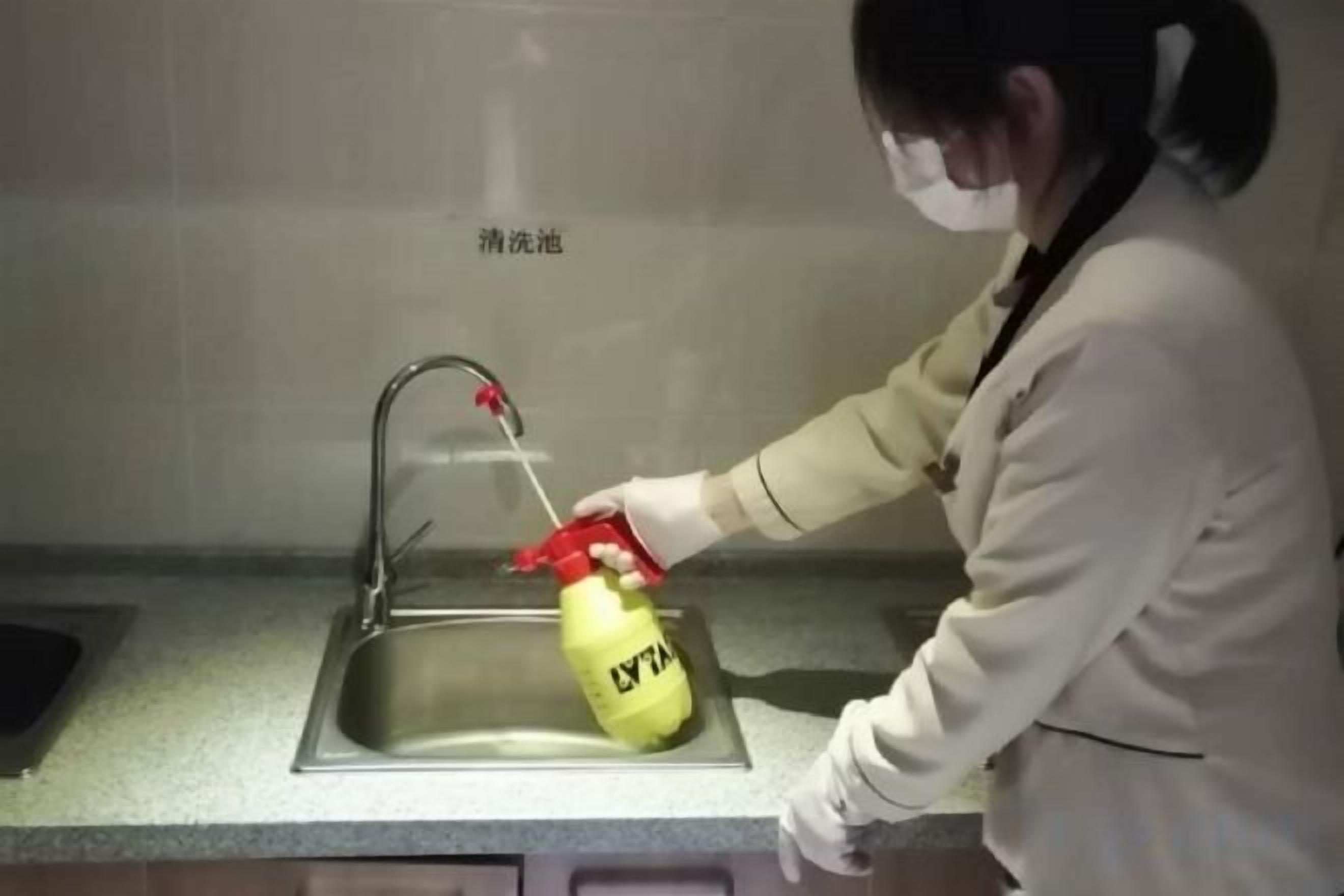 A person wearing gloves using a spray bottle in a kitchen sink.