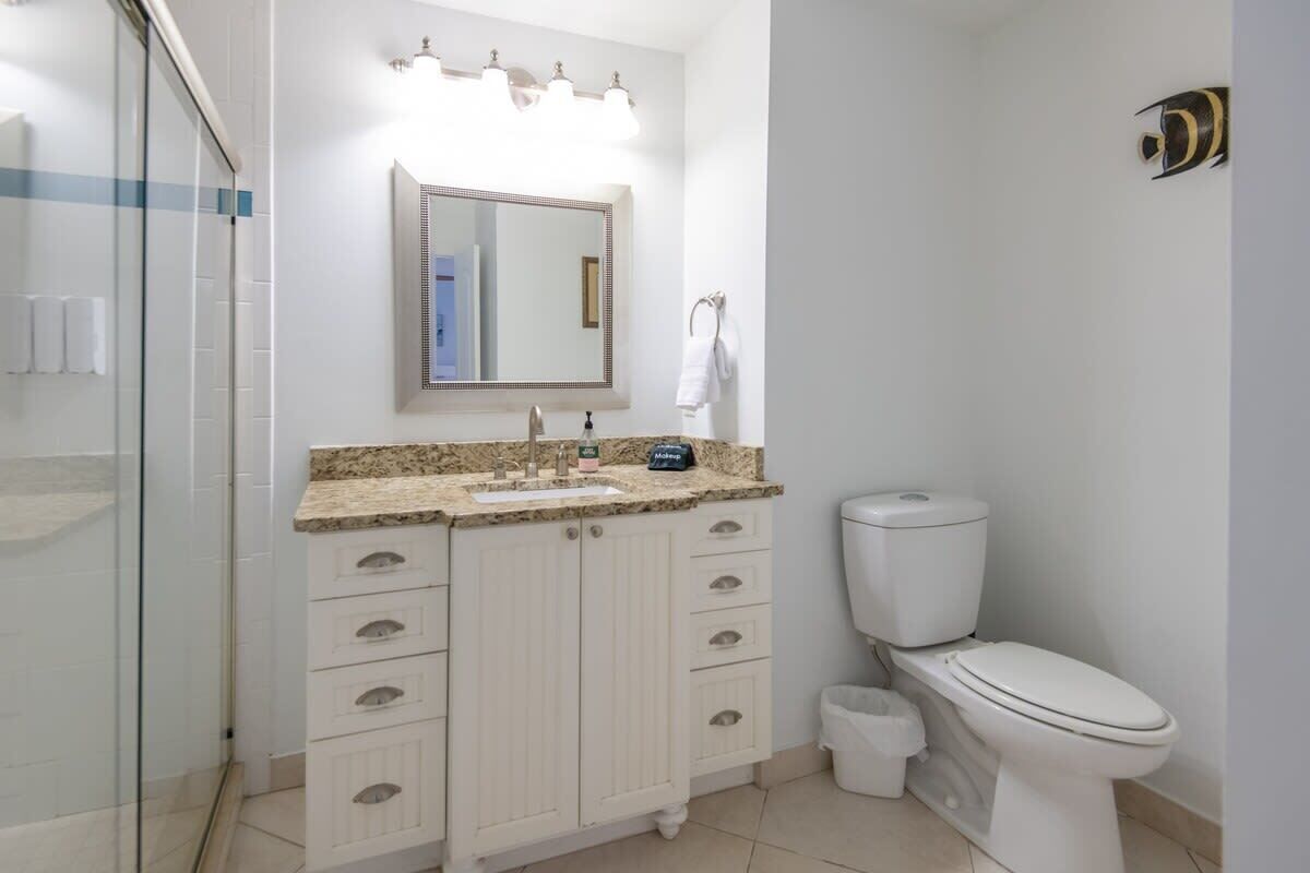 A bathroom with a sink, mirror, toilet, and a glass shower enclosure.