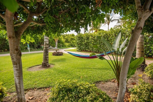 A hammock between trees in a well-maintained garden with a pathway and various plants.