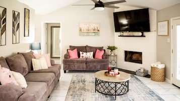 Smart TV, fireplace, stereo, printers