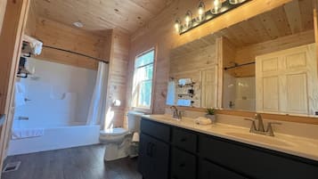 Combined shower/tub, hair dryer, towels