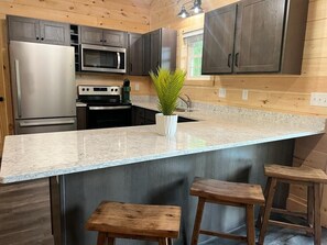 Fridge, microwave, oven, stovetop - Modern 3-Bedroom Cabin in Wooded Brookville (Brookville)