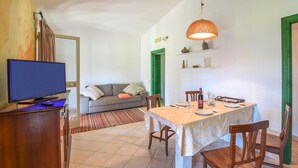 Un coin repas avec une table dressée pour quatre personnes, un téléviseur posé sur un meuble, un canapé et un tapis à motifs.