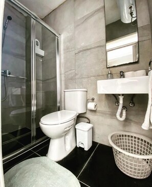 Shower, hair dryer, towels