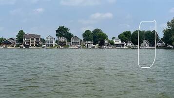 A waterfront property with multiple houses along the shore.