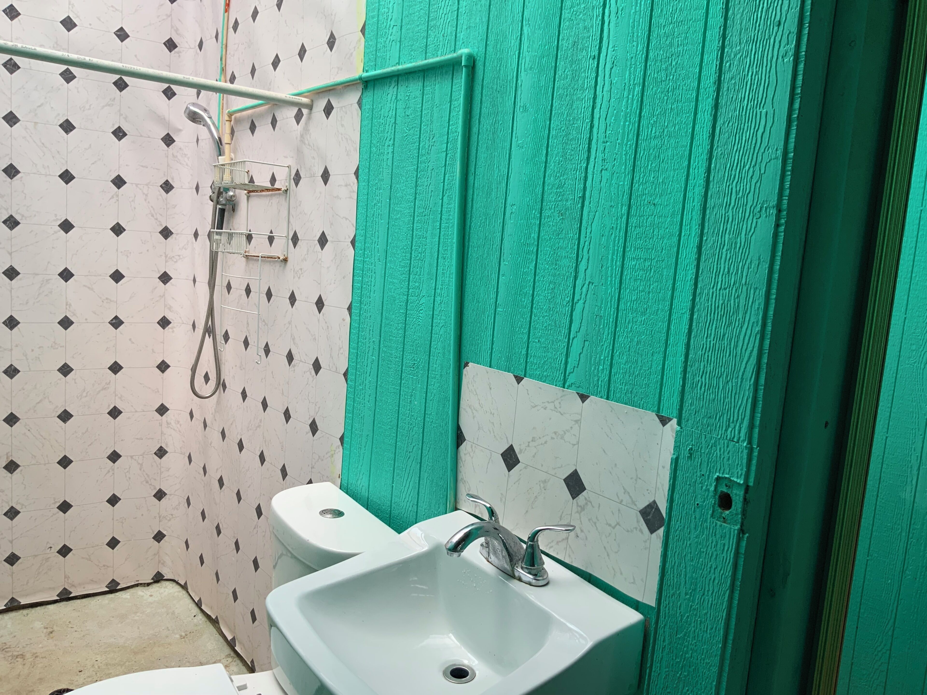 A bathroom with a toilet, a sink, and a shower.