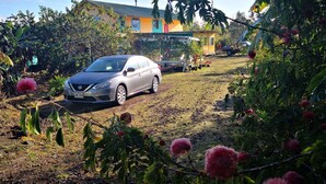 A car parked in a garden with a house in the background.