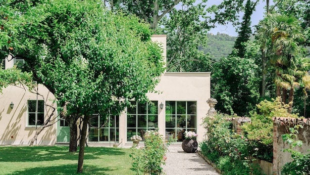Un bâtiment doté de grandes fenêtres, entouré d’une végétation luxuriante et d’arbres.