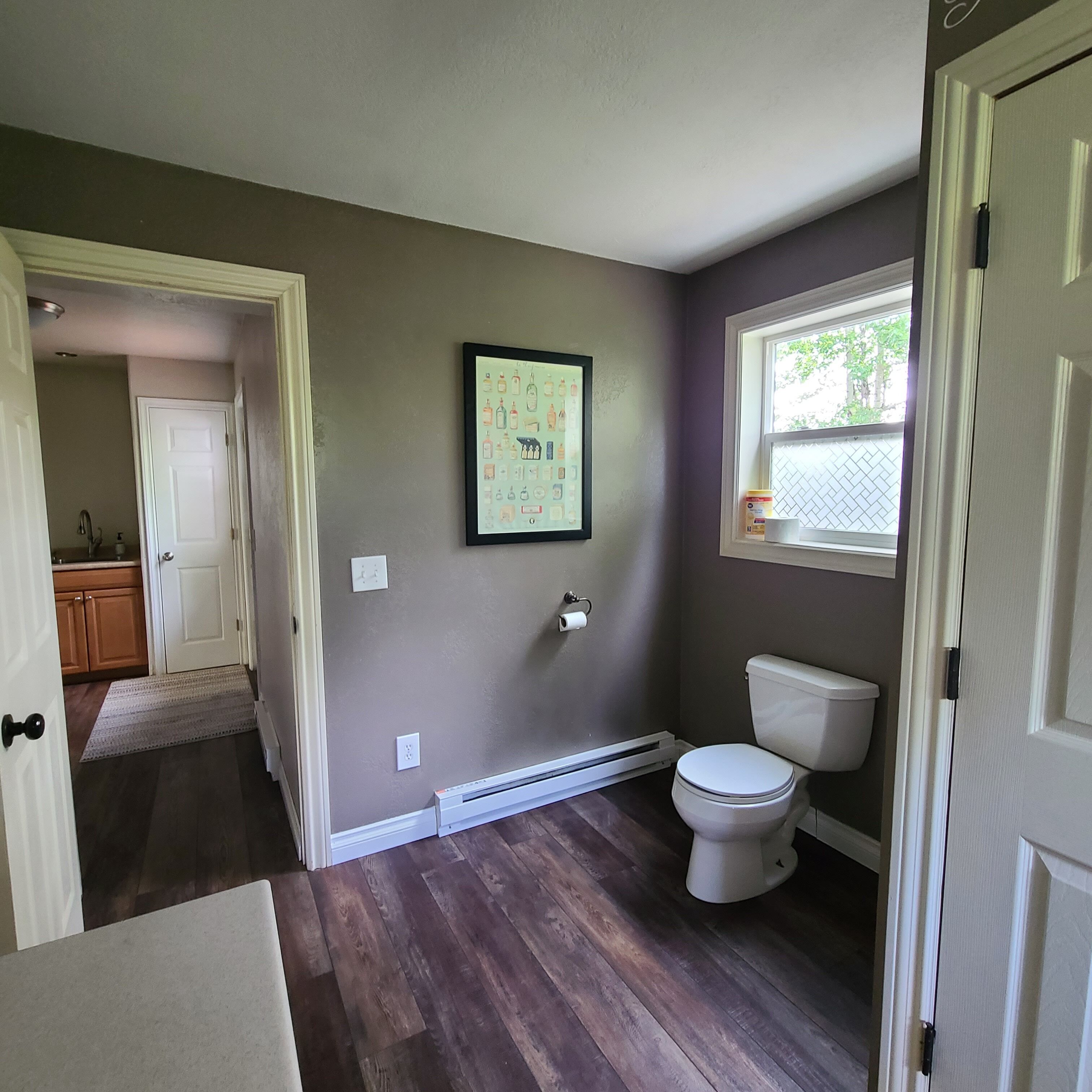 A bathroom with a toilet, a framed picture on the wall, and a window.