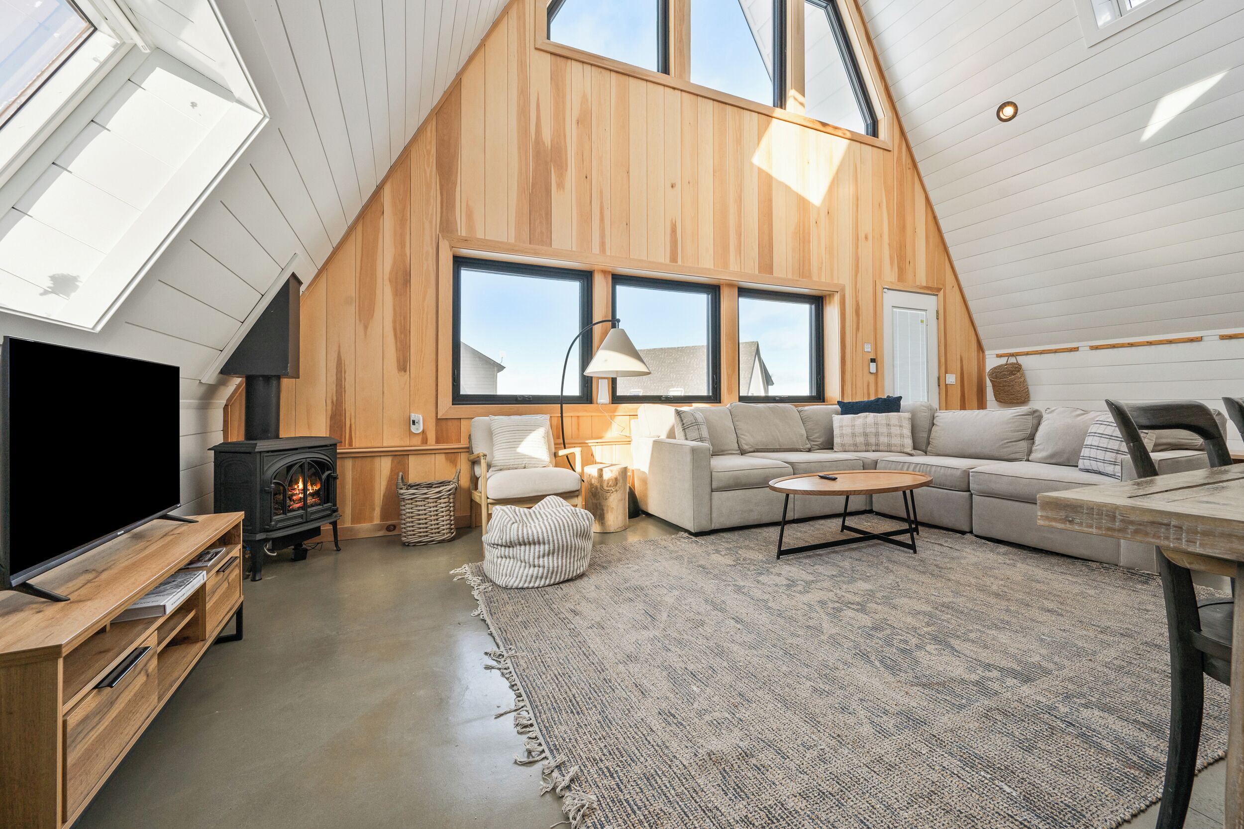 Smart TV, chimenea y libros 