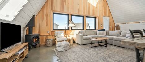 Smart TV, chimenea y libros