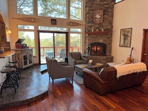 Smart TV, fireplace, video games, DVD player