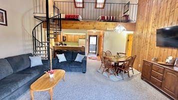 Smart TV, fireplace, books, music library