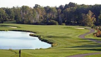 Ein Golfplatz mit Teich, gewundener Wege und Wald im Hintergrund.