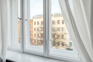 View from a space with a glimpse of the city's diverse architecture.