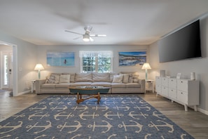 Smart TV, fireplace, video games, DVD player