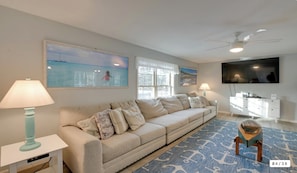 Smart TV, fireplace, video games, DVD player