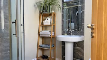 Shower, hair dryer, towels