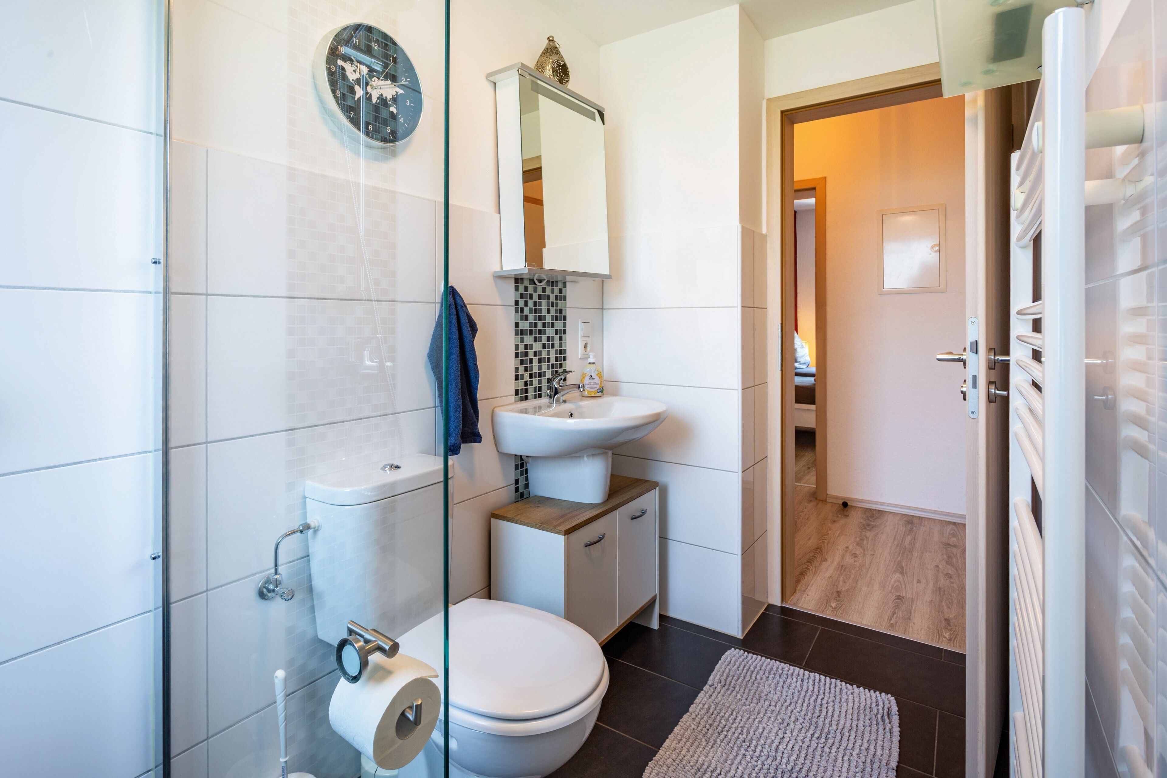 Shower, hair dryer, towels