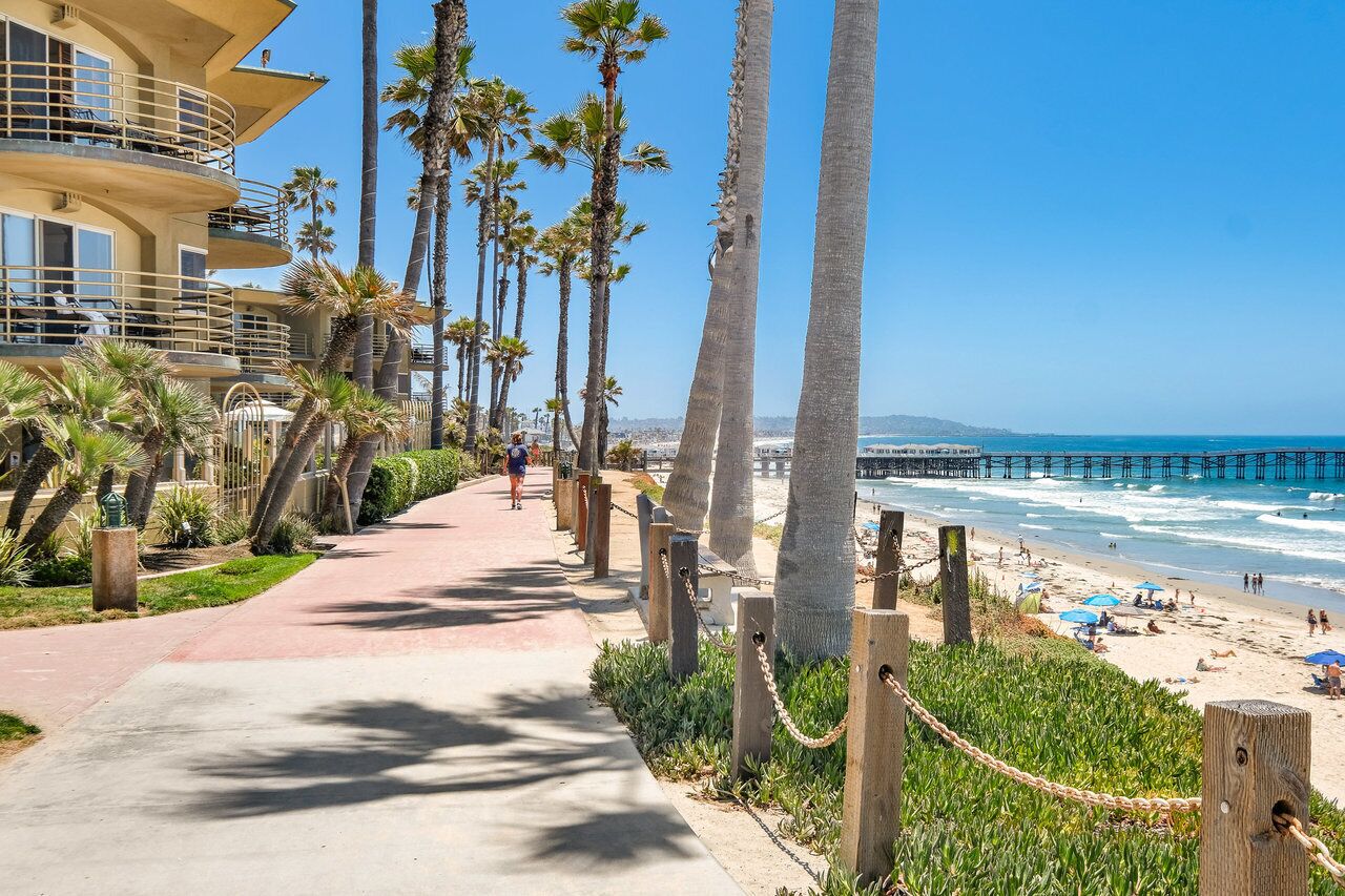 On the beach, sun loungers, beach towels