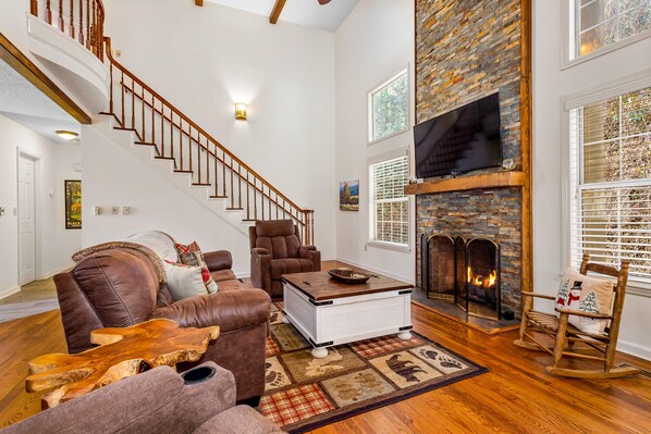 TV, fireplace, DVD player, foosball