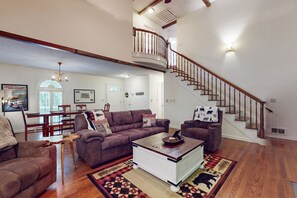 TV, fireplace, DVD player, foosball