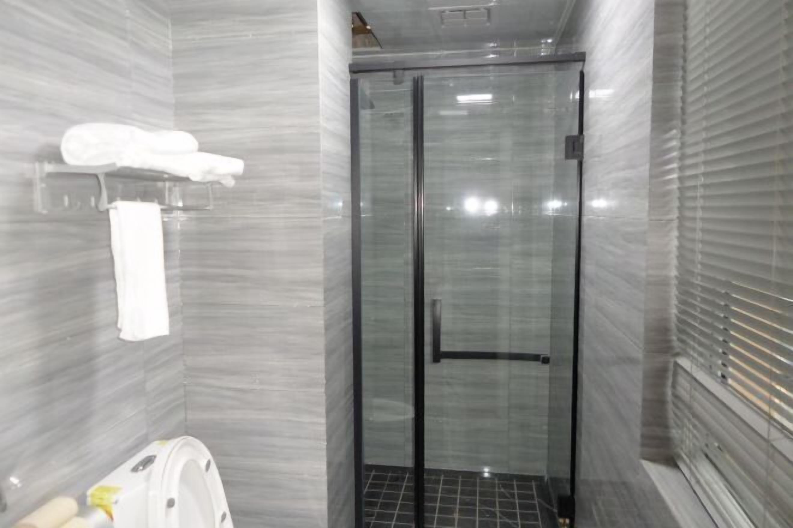 A narrow bathroom with a glass shower enclosure, a towel rack, and a toilet.