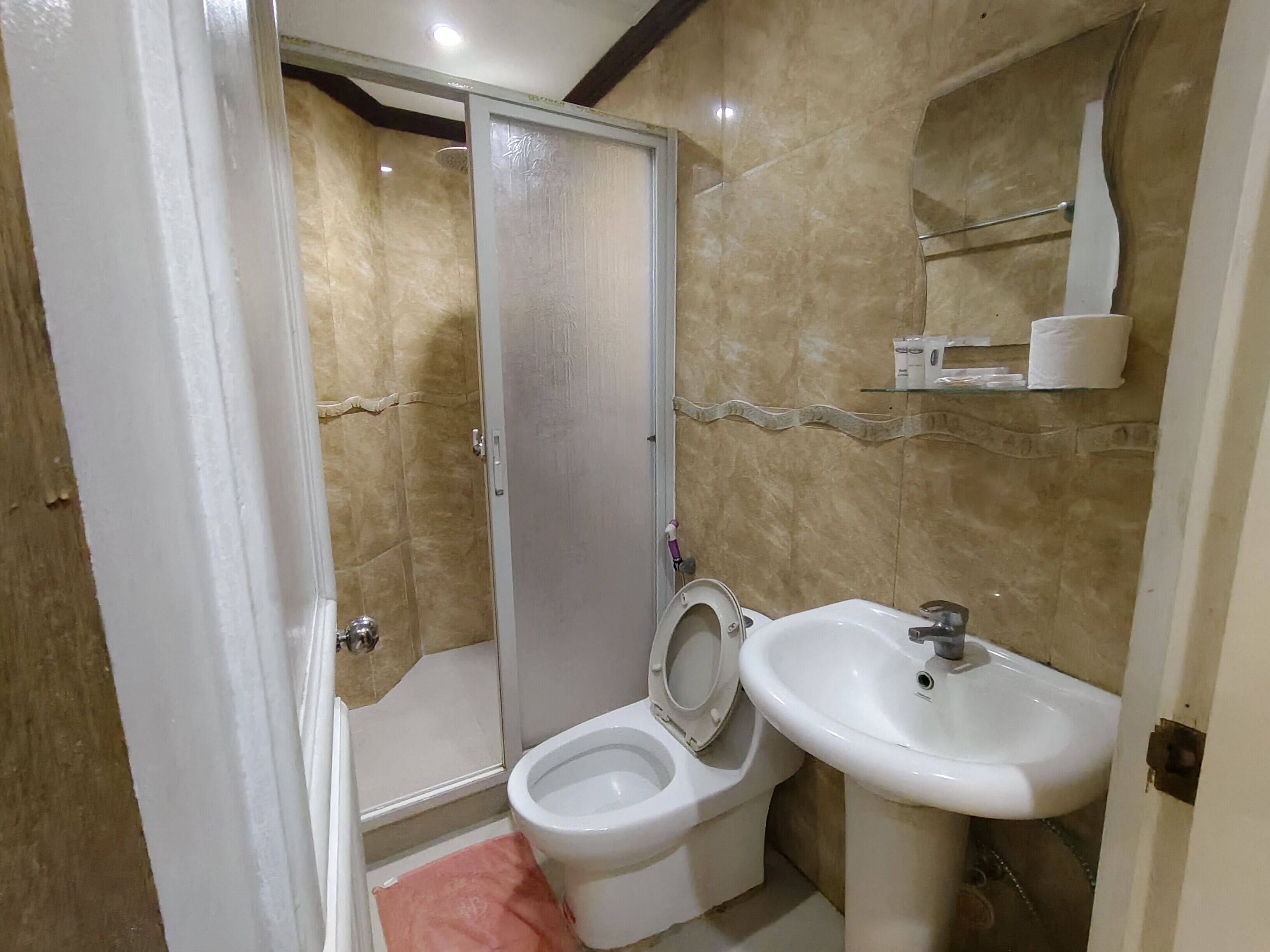 A bathroom with a toilet, sink, and shower area.